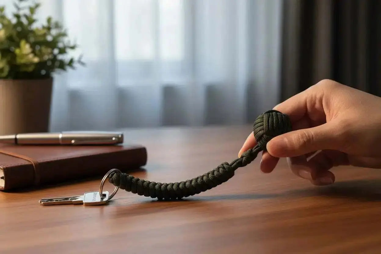 Brelok paracord Małpia Pięść z wytrzymałej linki spadochronowej w kolorze oliwkowym z metalowym rdzeniem i stalowym kółkiem do kluczy