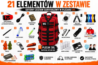 Plecak ewakuacyjny E-19 – gotowy zestaw awaryjny 30 L | Czerwony WarriorGear.eu