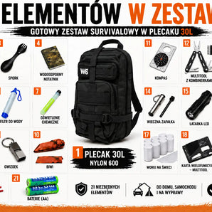 Plecak ewakuacyjny E-19 – gotowy zestaw awaryjny 30 L | Czarny