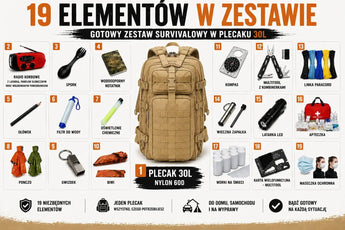 Warriorgear.eu Zestaw survivalowy / ekwipunek awaryjny | Zgodny z listą Ministerstwa | Plecak 30L piaskowy WarriorGear.eu