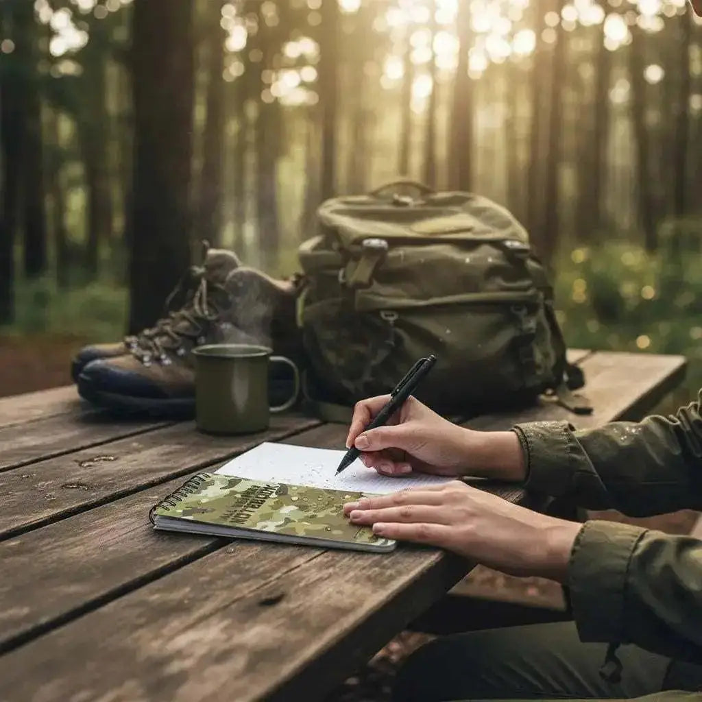 WarriorGear.eu All Weather camouflage spiral-bound notebook for outdoor use. Features waterproof paper and a space for name/ID.