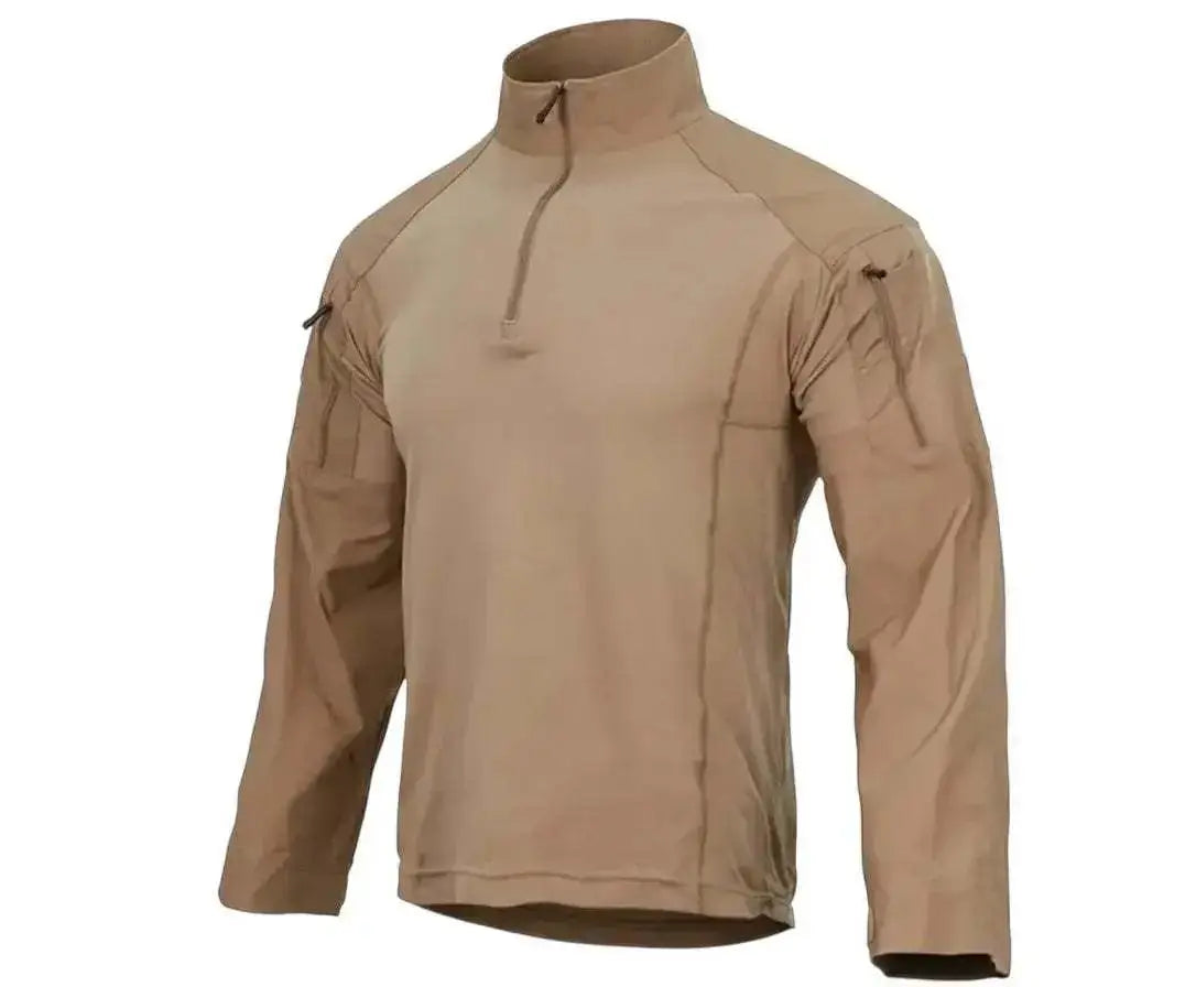 WarriorGear.eu coyote/tan long sleeve tactical combat shirt with zip neck, reinforced elbows, and shoulder pockets.
