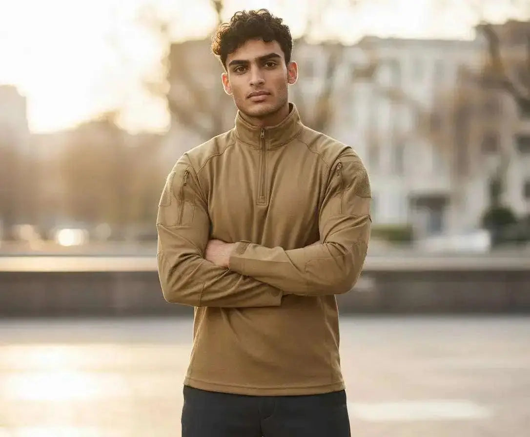 WarriorGear.eu coyote/tan long sleeve tactical combat shirt with zip neck, reinforced elbows, and shoulder pockets.
