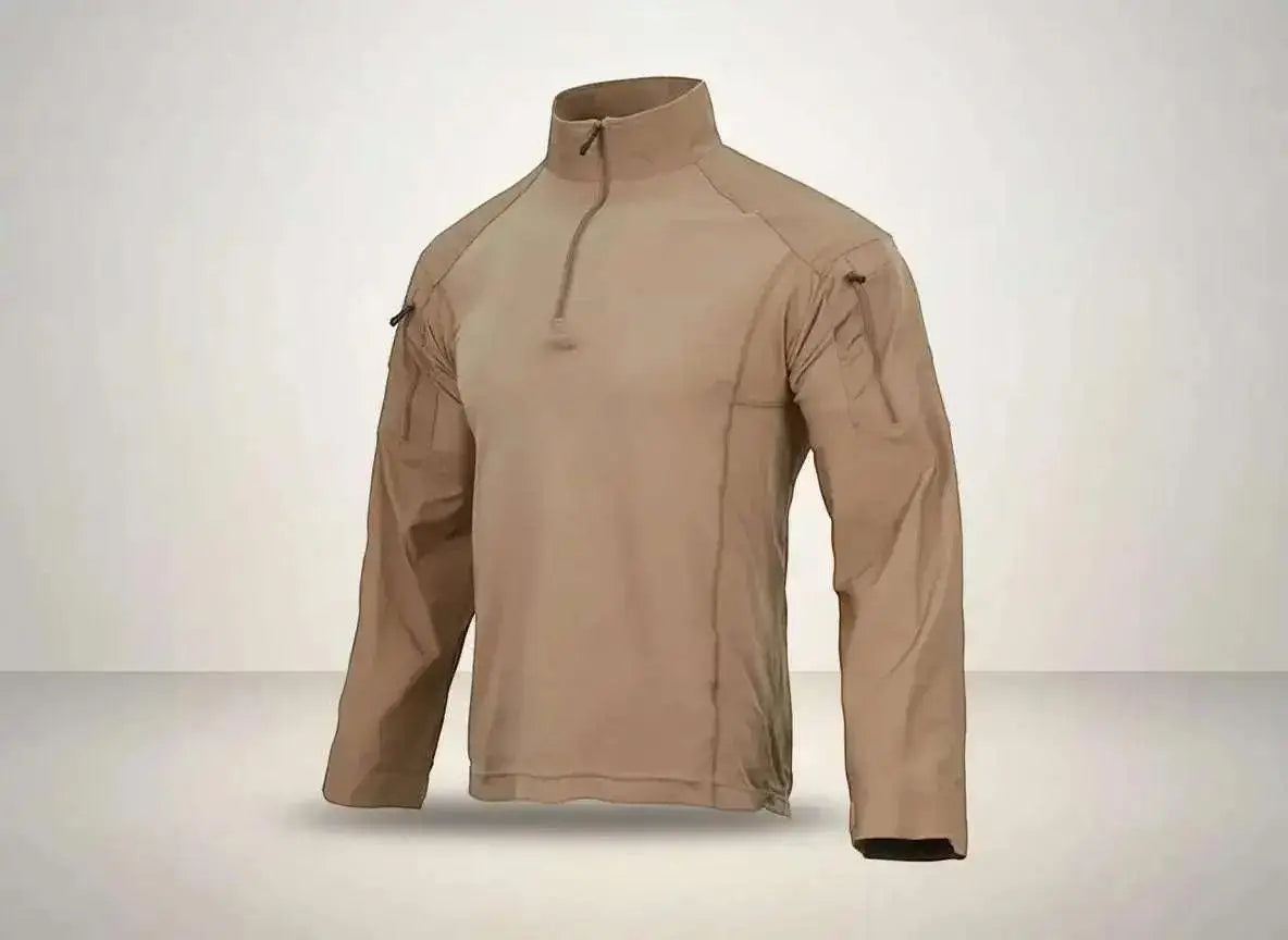 WarriorGear.eu Coyote/Beige long sleeve tactical combat shirt with zip-neck, reinforced elbows, and shoulder pockets.