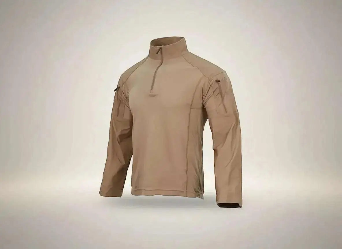 WarriorGear.eu coyote/tan long sleeve tactical combat shirt with zip neck, reinforced elbows, and shoulder pockets with Velcro.