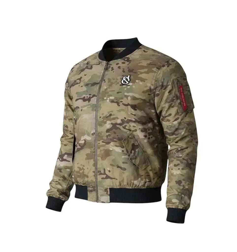 WarriorGear.eu men's camouflage bomber jacket with black collar and cuffs, featuring a zip closure and utility pocket.