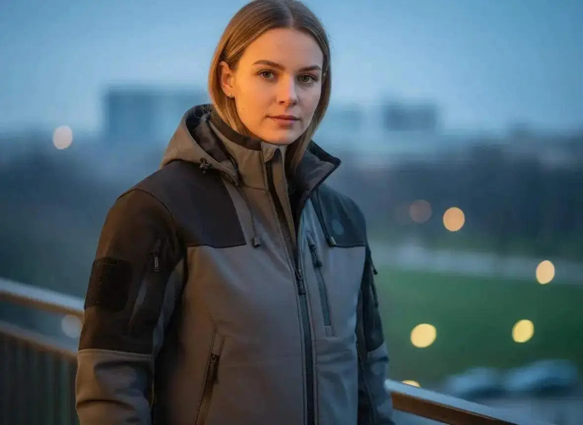Softshell kurtka męska w wersji szaro-czarnej, noszona podczas aktywności outdoorowej
