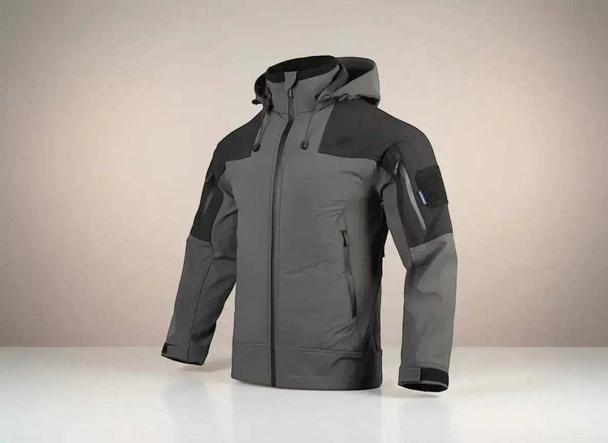 Softshell kurtka męska szara, zbliżenie na zamki błyskawiczne i kieszenie