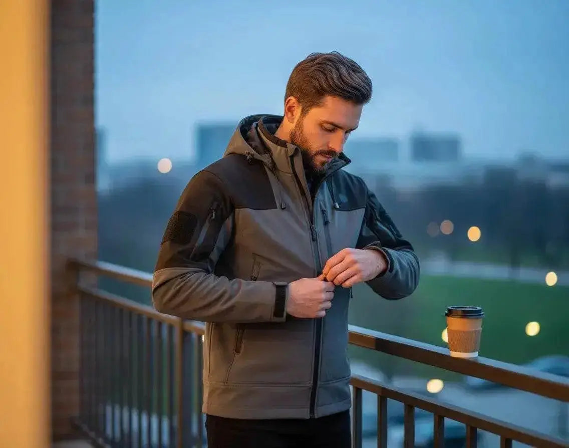 Softshell kurtka męska outdoorowa, widok z tyłu ze wzmocnionymi panelami na łokciach