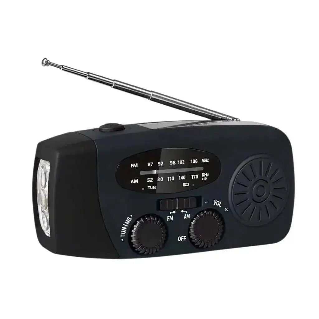 WarriorGear.eu red and black emergency radio with AM/FM, flashlight, hand crank, solar panel, and USB charging.