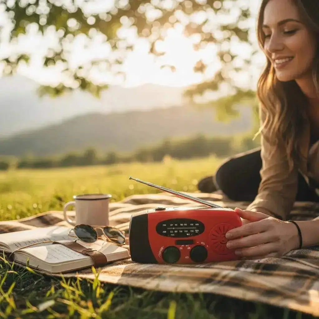WarriorGear.eu red and black emergency radio with AM/FM, flashlight, hand crank, solar panel, and USB charging.