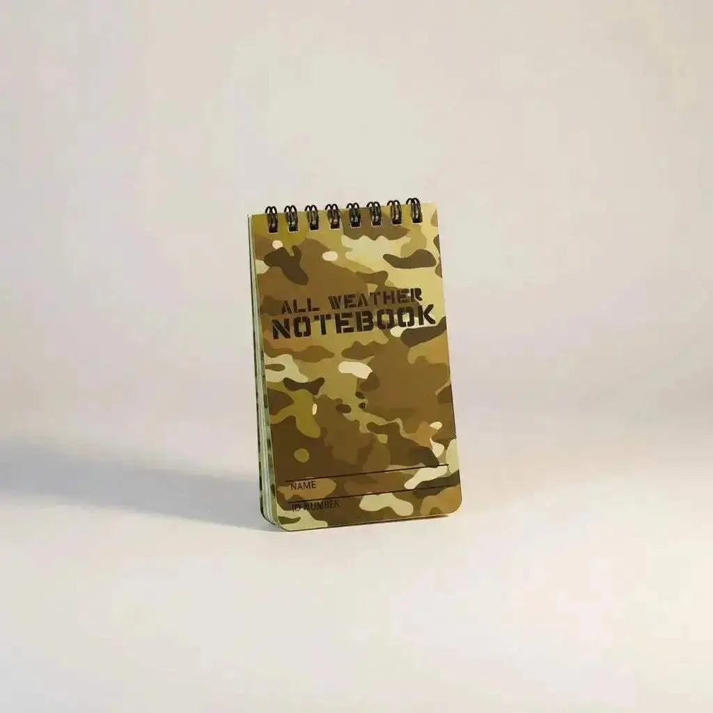 WarriorGear.eu All Weather camouflage notebook with spiral binding and space for name and ID number.