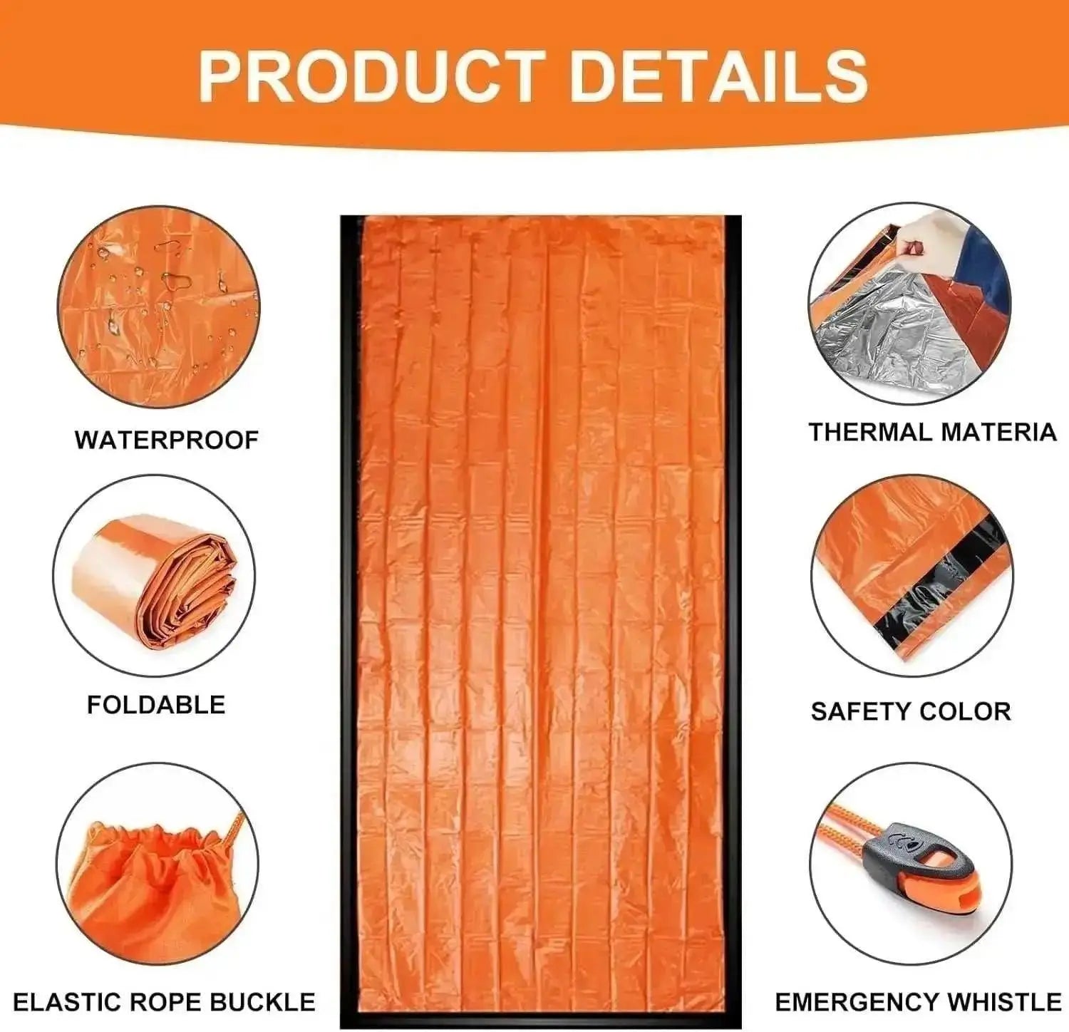 WarriorGear.eu orange thermal survival bivvy bag, waterproof and foldable with emergency whistle.