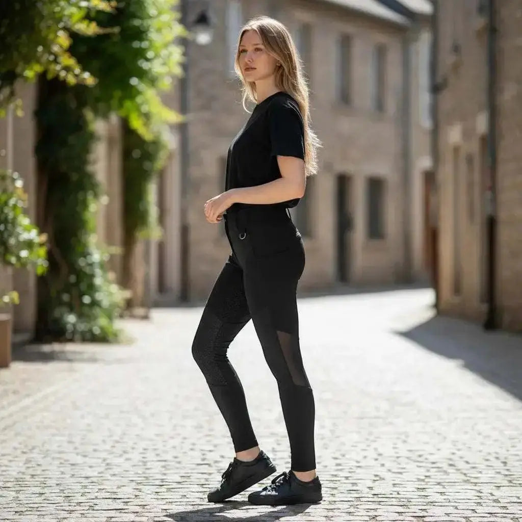 WarriorGear.eu black tactical leggings for women with reinforced panels and mesh inserts, high waist, D-ring detail.