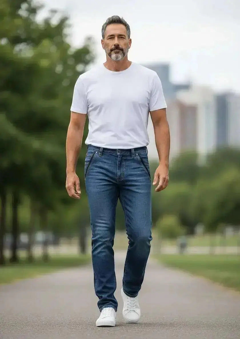Niebieskie męskie jeansy taktyczne i outdoorowe z elastycznego, wzmocnionego denimu o funkcjonalnym kroju