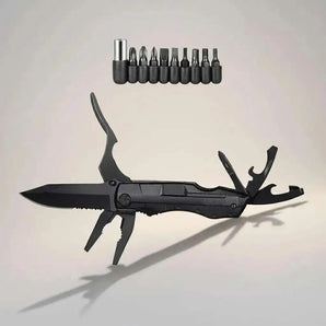 Multitool scyzoryk 15w1 z kombinerkami i zestawem bitów do zastosowań EDC i survivalowych, czarny, kompaktowy i wielofunkcyjny.