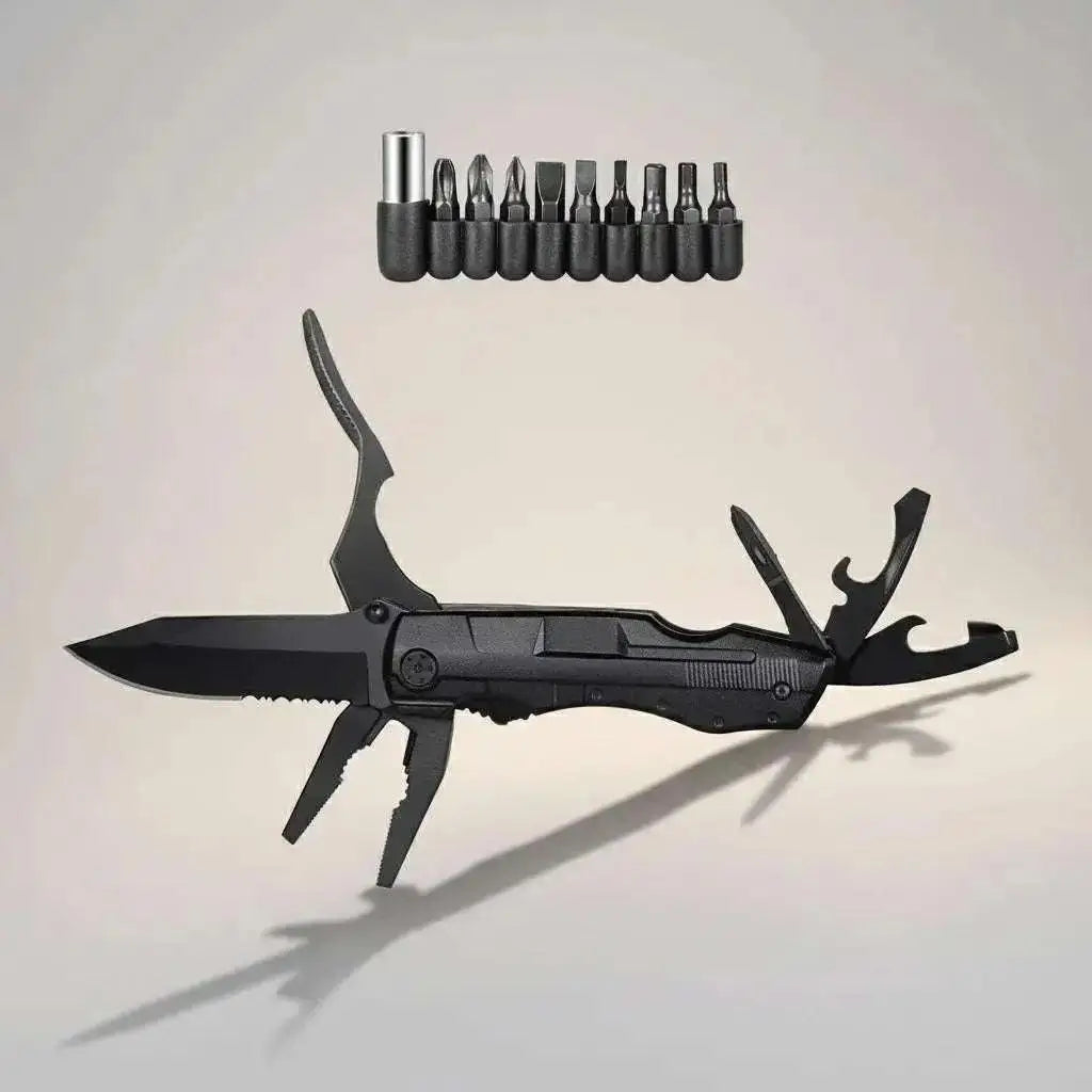 Multitool scyzoryk 15w1 z kombinerkami i zestawem bitów do zastosowań EDC i survivalowych, czarny, kompaktowy i wielofunkcyjny.