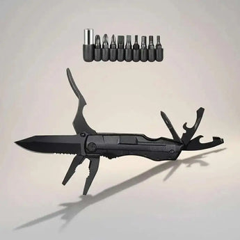 Multitool scyzoryk 15w1 z kombinerkami i zestawem bitów do zastosowań EDC i survivalowych, czarny, kompaktowy i wielofunkcyjny.