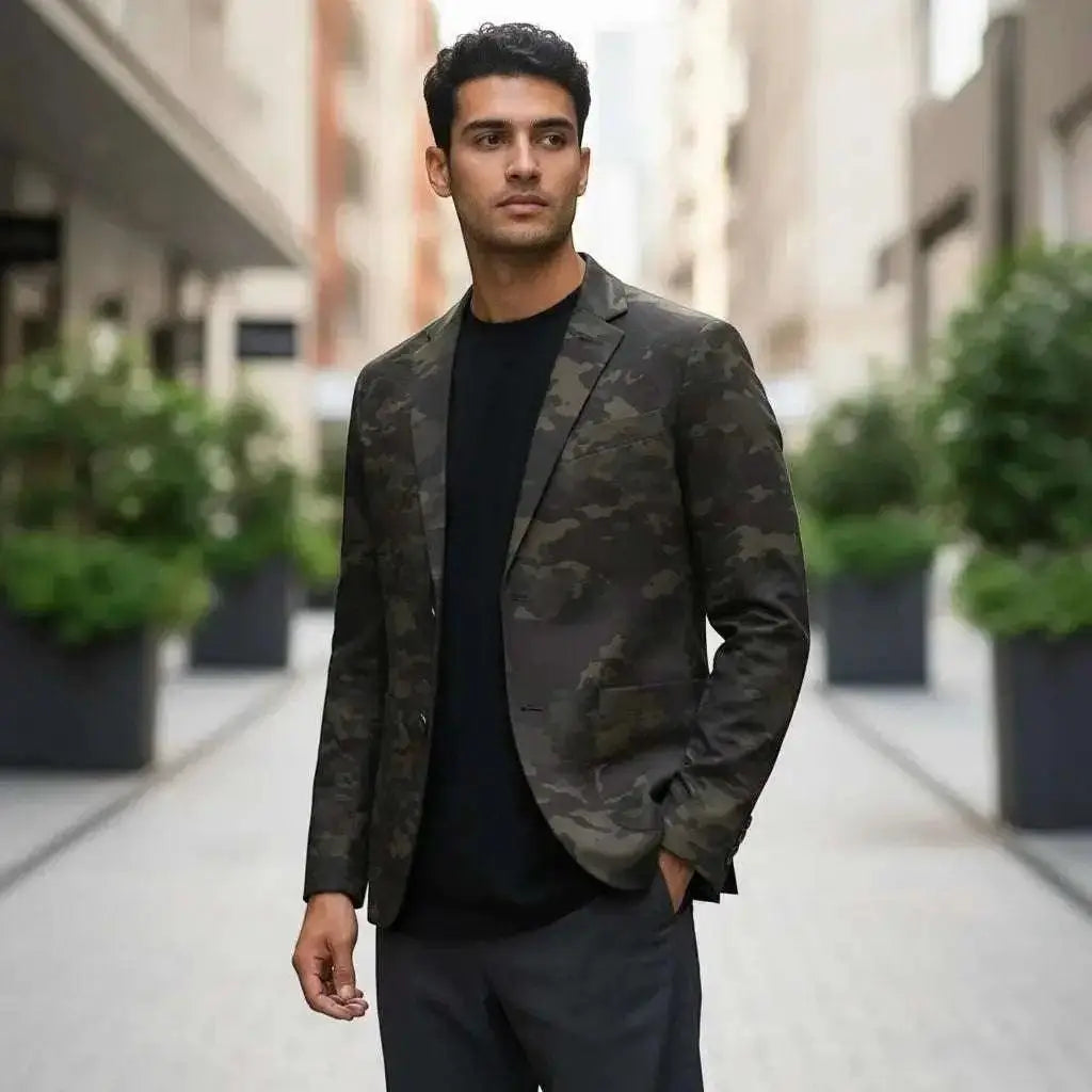 WarriorGear.eu men's tactical blazer in Multicam Black camouflage. Lightweight, comfortable, and stylish for urban outdoor wear.