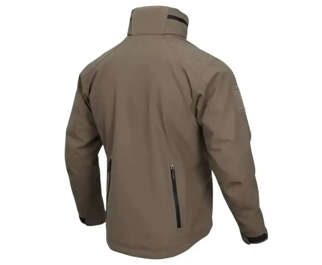 WarriorGear.eu coyote/olive hardshell tactical jacket with waterproof zippers, velcro patches, and adjustable cuffs.