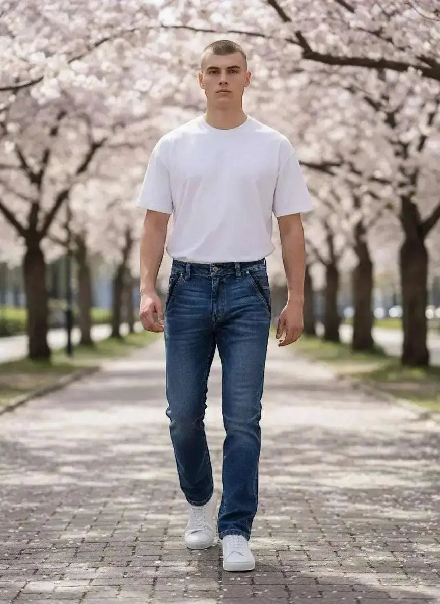 WarriorGear.eu men's blue stretch denim tactical jeans with reinforced knees and multiple pockets, worn by a model walking outdoors.