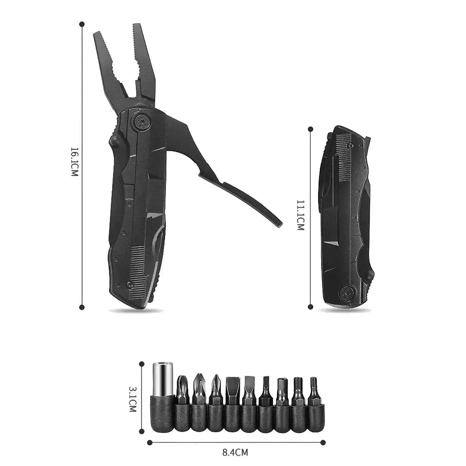 Czarny multitool 15w1 narzędzie wielofunkcyjne z kombinerkami i zestawem bitów ze stali nierdzewnej do EDC i survivalu