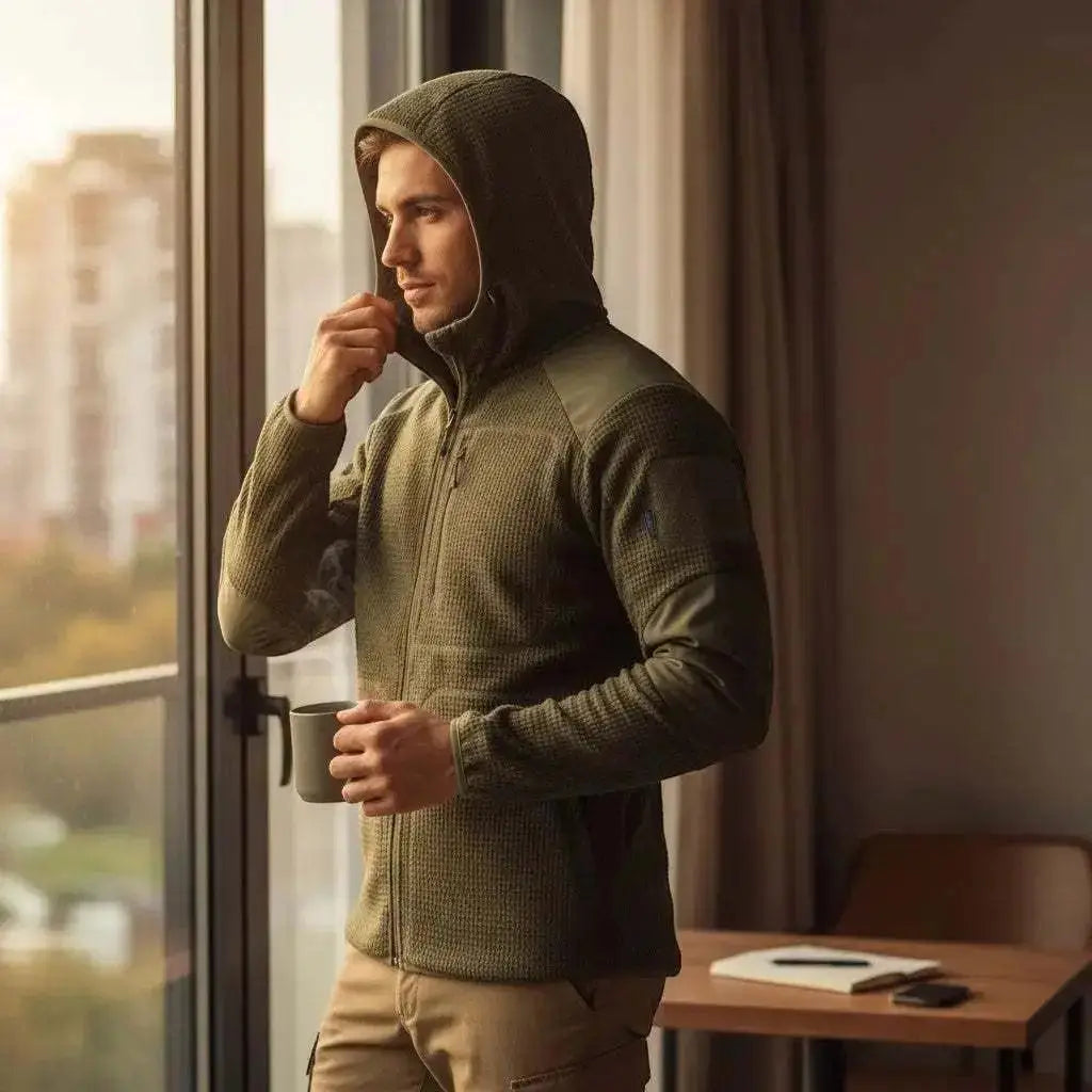 WarriorGear.eu olive green tactical fleece hoodie with reinforced shoulders and elbows, chest zip pocket, and velcro patch.