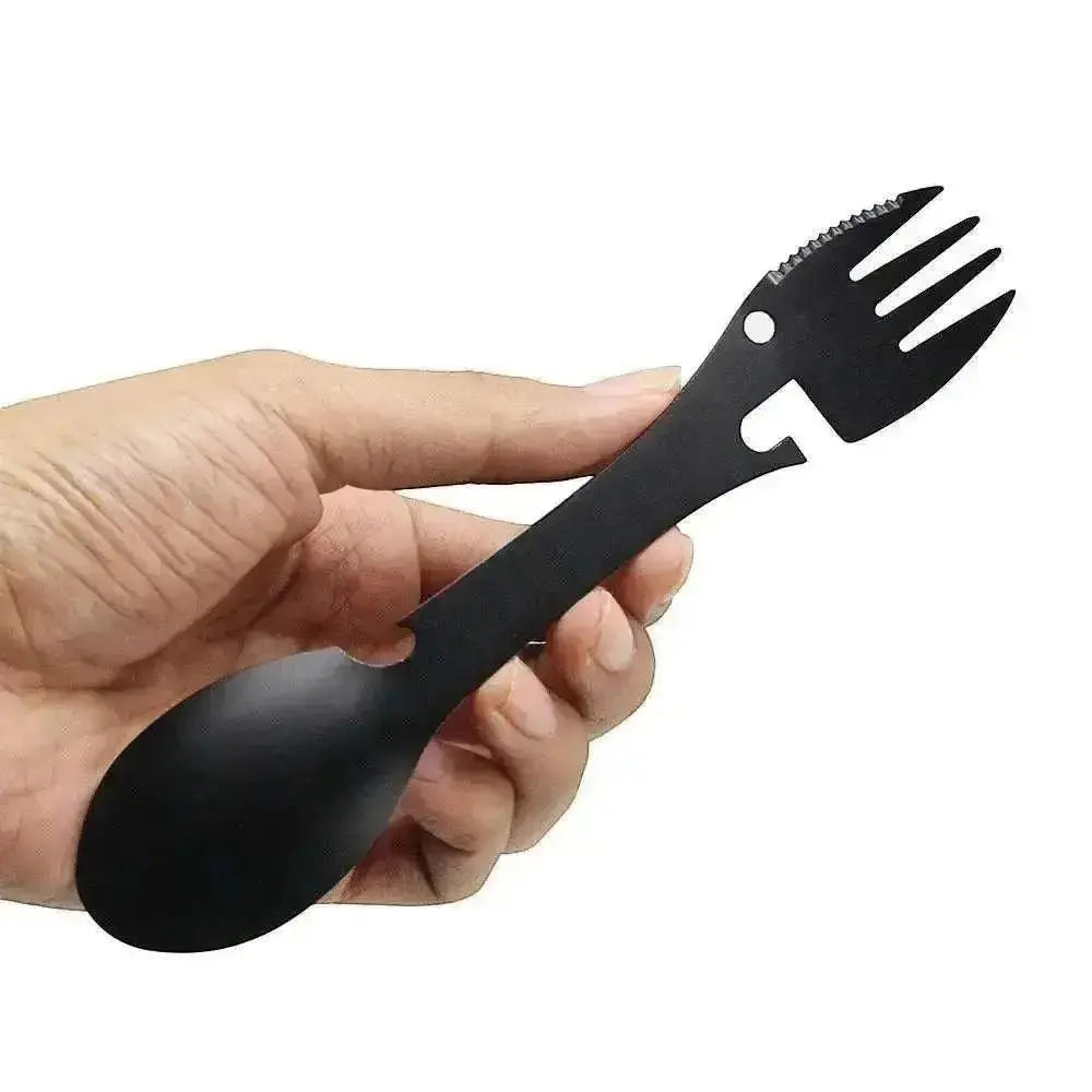 Czarny łyżkowidelec turystyczny 5w1 ze stali nierdzewnej, wielofunkcyjny spork outdoorowy