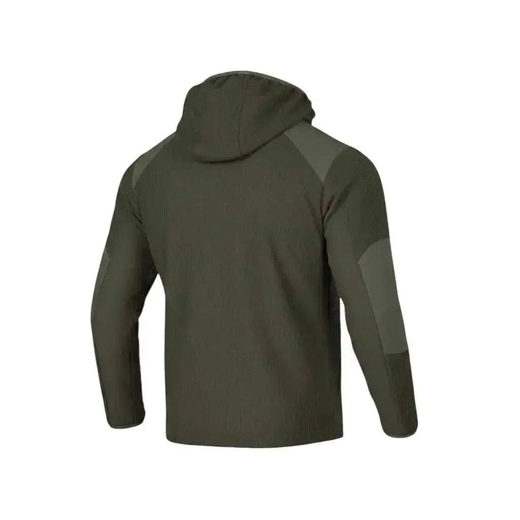 WarriorGear.eu olive green tactical fleece hoodie with reinforced shoulders and elbows, chest zip pocket, and velcro patch.