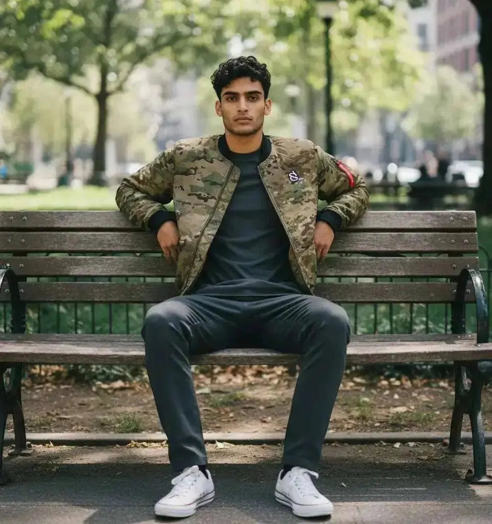 WarriorGear.eu men's camouflage bomber jacket with black cuffs and collar, worn over a dark grey t-shirt.