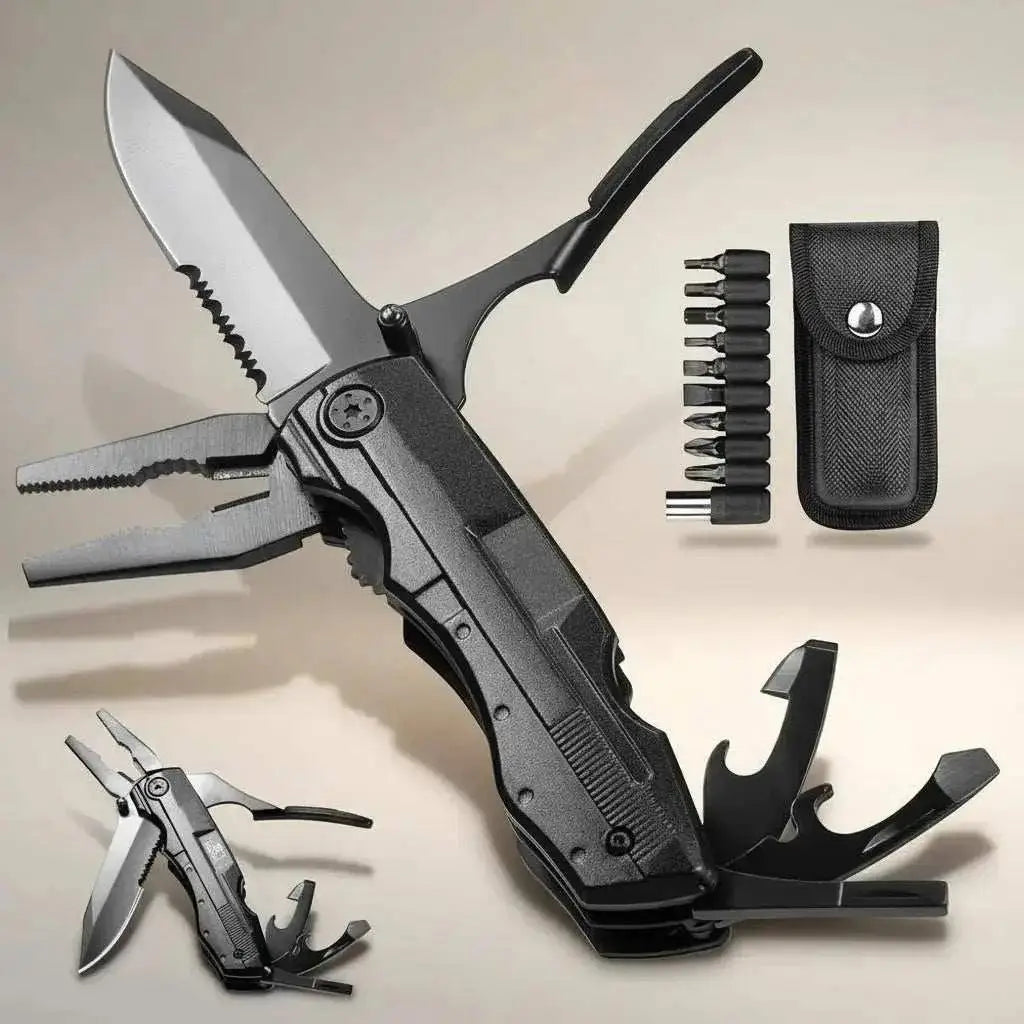 Czarny multitool narzędzie wielofunkcyjne 15w1 ze stali nierdzewnej z kombinerkami i zestawem bitów, ergonomiczny składany scyzoryk EDC survival.