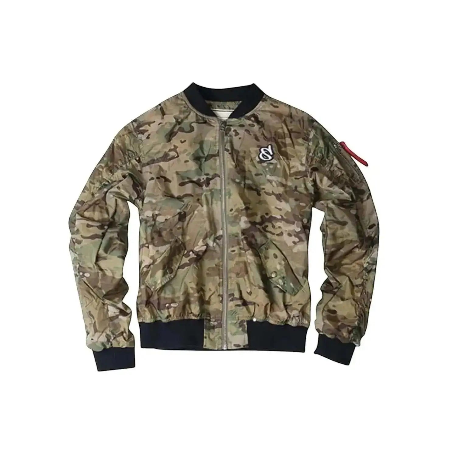 WarriorGear.eu women's multicam camouflage bomber jacket with black cuffs and collar, windproof and comfortable for outdoor activities.