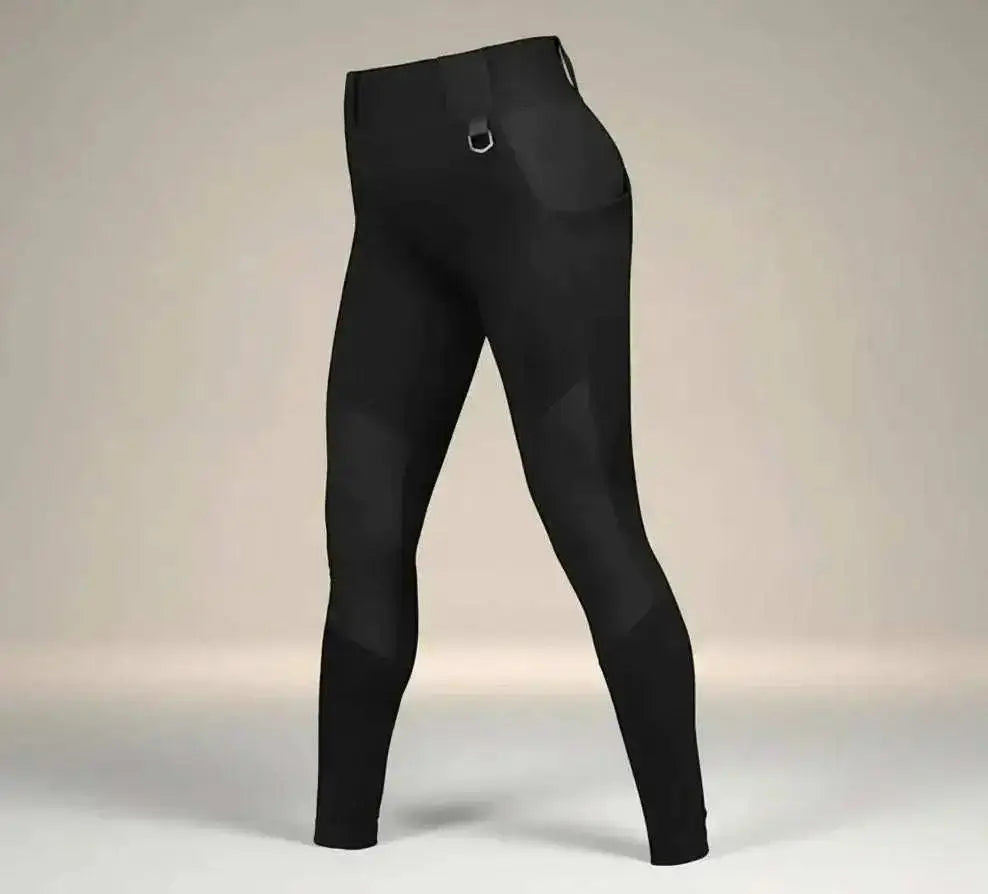WarriorGear.eu black tactical leggings for women, high-waisted with D-ring and pocket detail, reinforced panels.