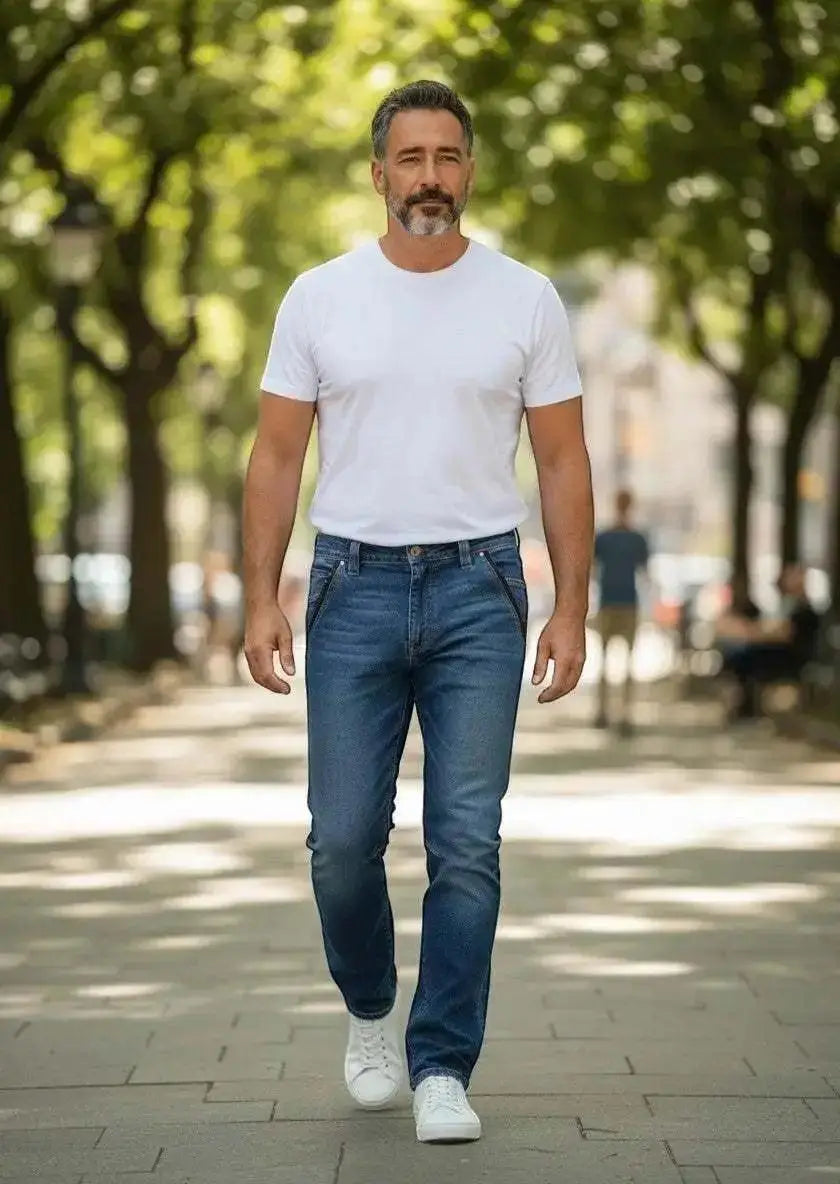 Męskie niebieskie jeansy taktyczne z elastycznego, wzmocnionego denimu, funkcjonalne i wygodne na co dzień oraz outdoor.