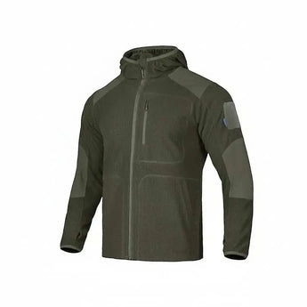 WarriorGear.eu olive green tactical fleece hoodie with reinforced shoulders and velcro patch area. Features include a zippered chest pocket and full zip.