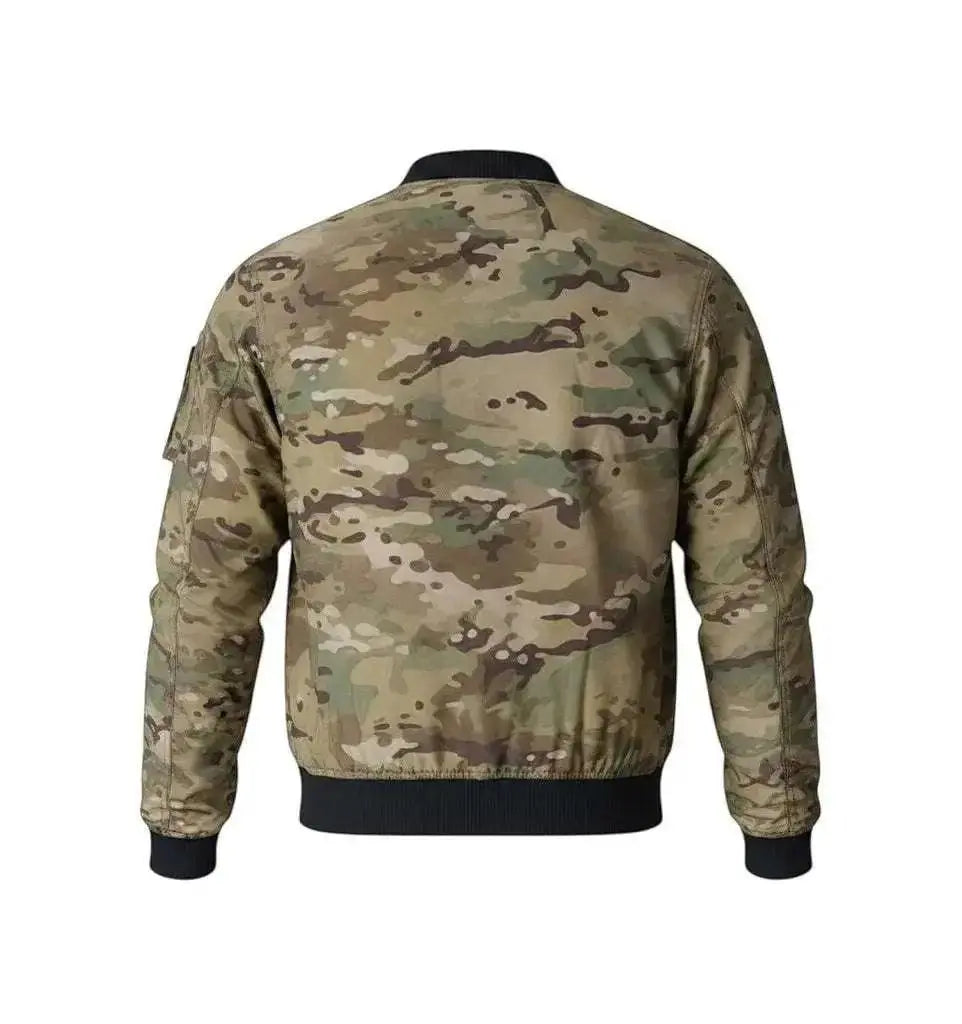 WarriorGear.eu men's tactical bomber jacket in camouflage print with black ribbed collar, cuffs, and hem. Water and wind resistant.