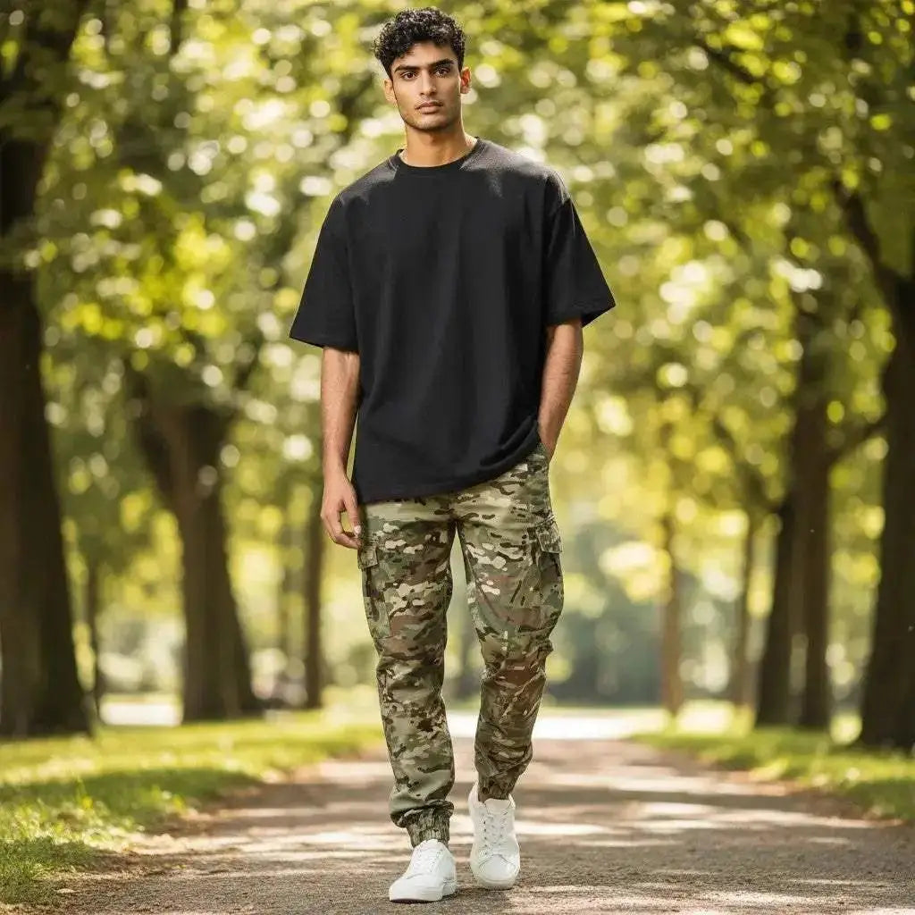 WarriorGear.eu Multicam camouflage tactical jogger pants with cargo pockets and elastic cuffs, made from durable ripstop stretch fabric.