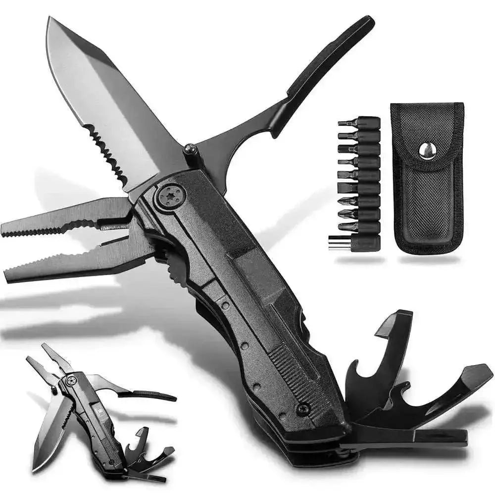 czarny multitool 15w1 z kombinerkami i zestawem bitów narzędzie wielofunkcyjne EDC survival ze stali nierdzewnej