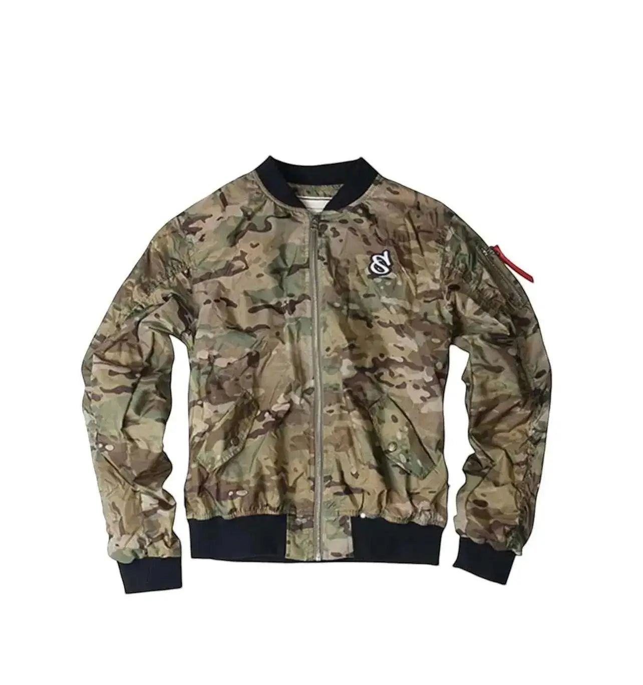 WarriorGear.eu men's tactical bomber jacket in camouflage print, with black cuffs and collar, and a red zipper pull.