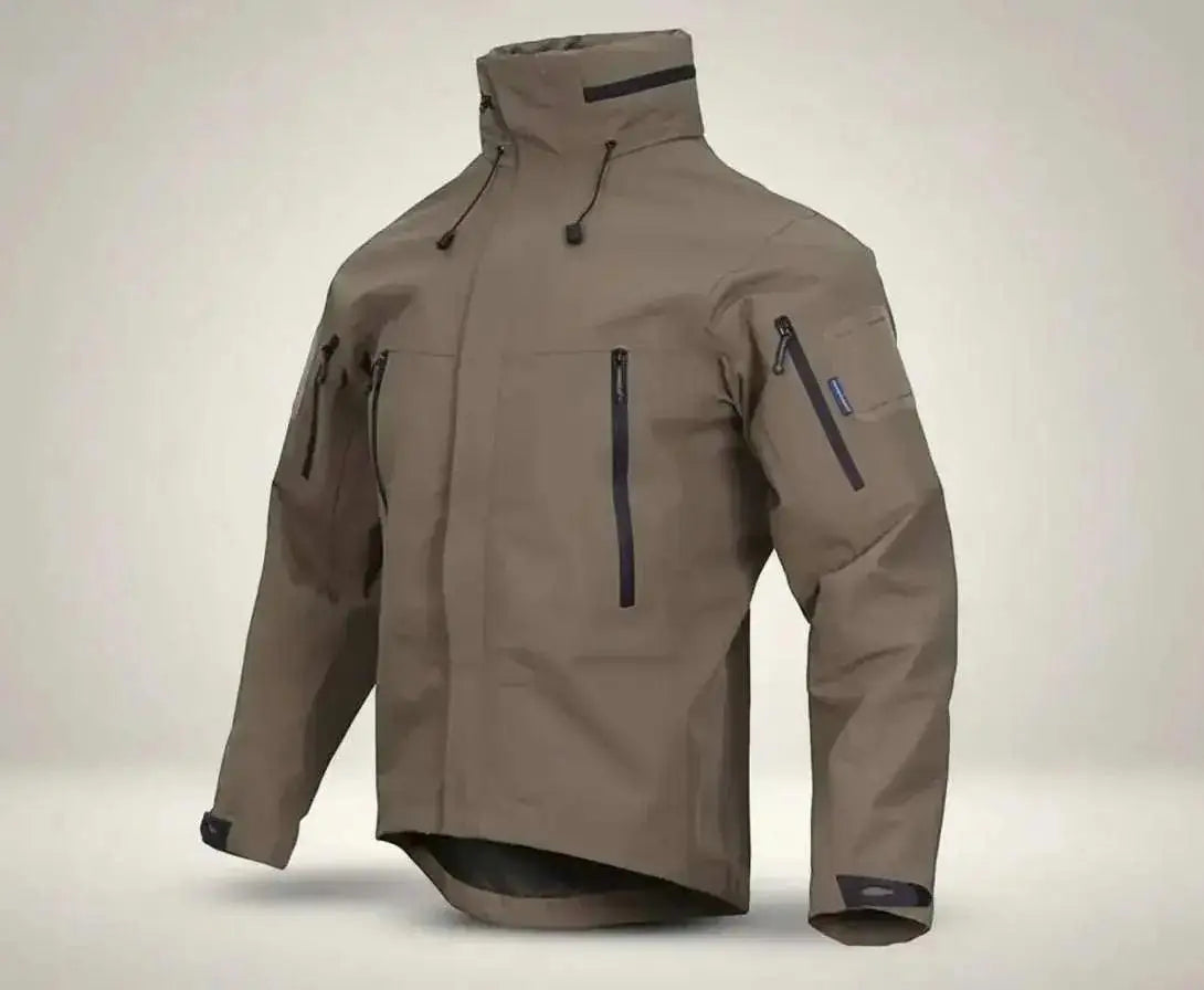 WarriorGear.eu coyote/olive hardshell tactical jacket with waterproof zippers, velcro patches on sleeves, and adjustable cuffs.