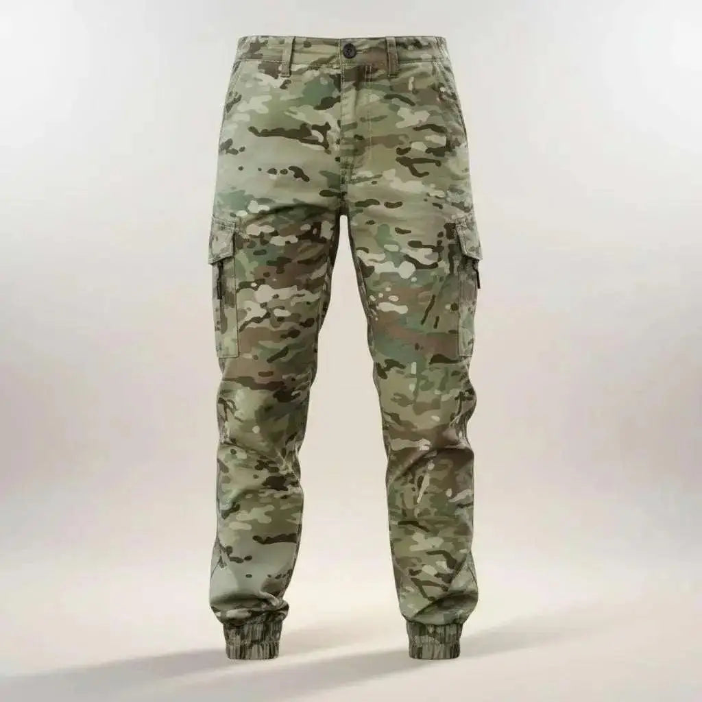 WarriorGear.eu Multicam camouflage tactical jogger pants with cargo pockets and elastic cuffs, made from durable ripstop stretch fabric.