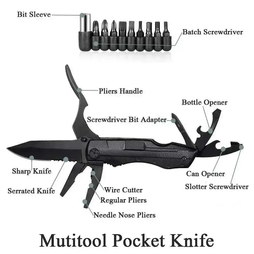 czarny multitool 15w1 z kombinerkami i zestawem bitów narzędzie wielofunkcyjne EDC survival ze stali nierdzewnej