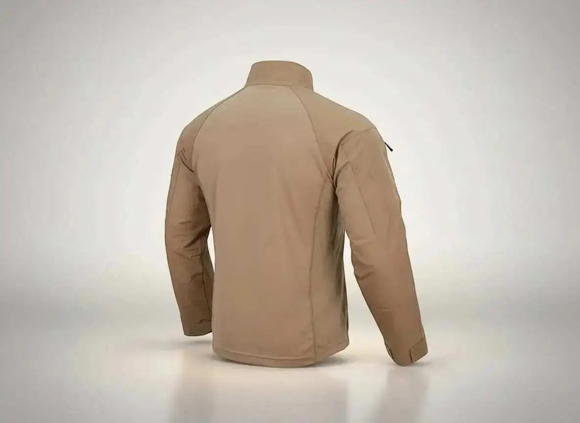 WarriorGear.eu coyote tactical combat shirt with long sleeves, high collar, zip neck, reinforced elbows, and shoulder pockets with Velcro.