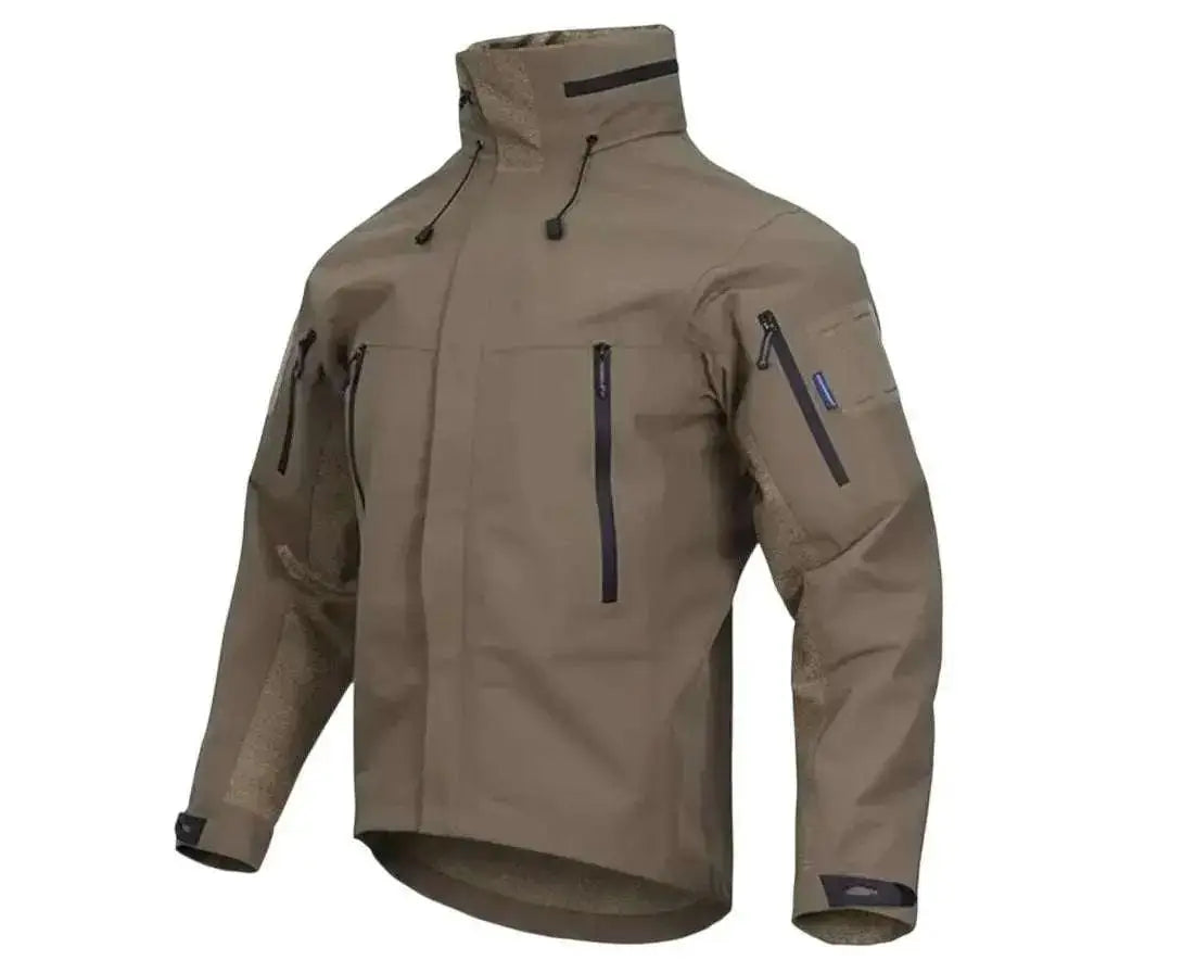 WarriorGear.eu coyote/olive hardshell tactical jacket with waterproof zippers, velcro patches on sleeves, and adjustable cuffs.