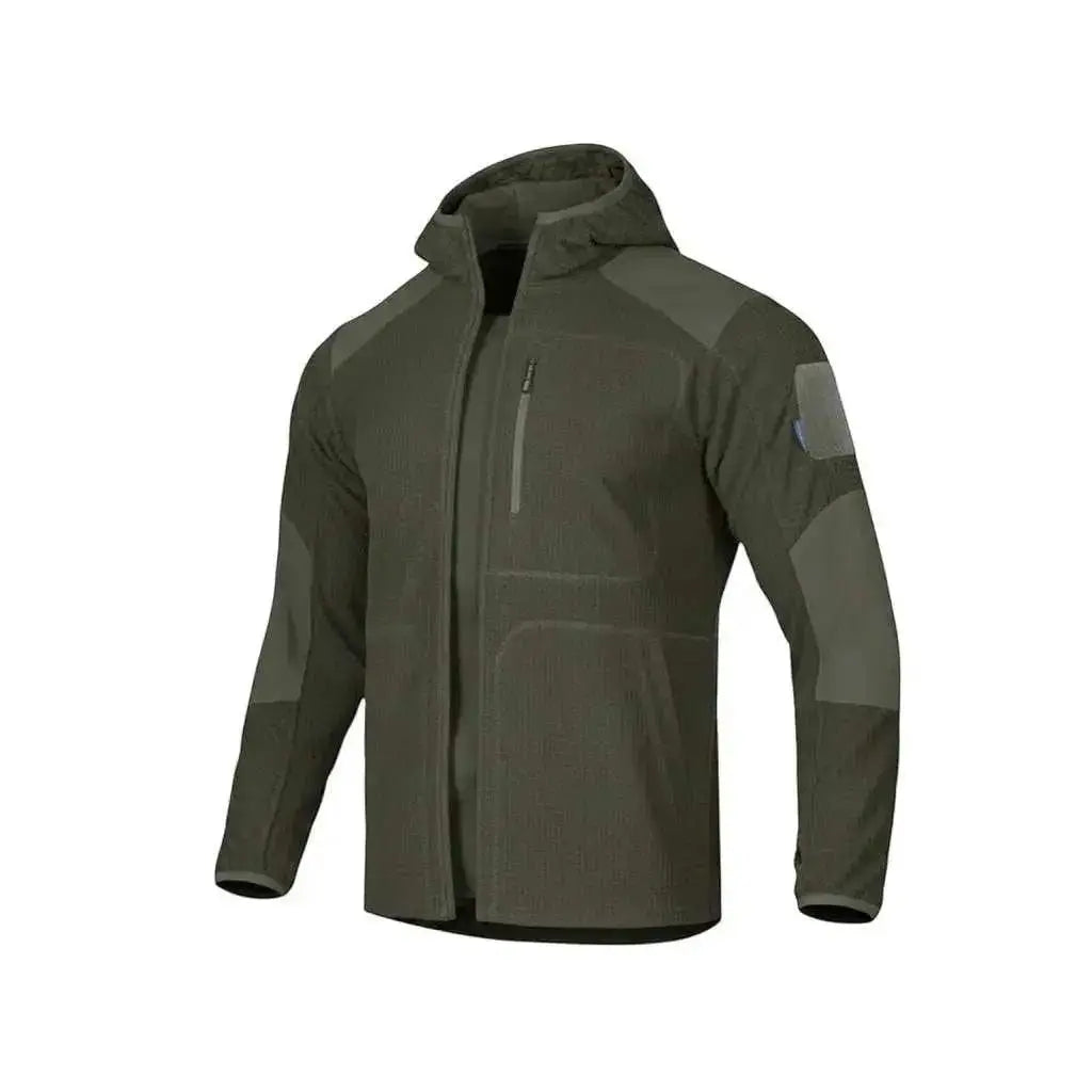 WarriorGear.eu olive green tactical fleece hoodie with reinforced shoulders and elbows, chest zip pocket, and velcro patch.