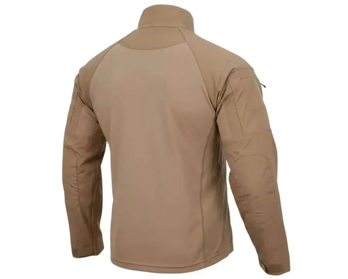 WarriorGear.eu coyote/beige long-sleeve tactical combat shirt with zip-neck, reinforced elbows, and shoulder pockets.