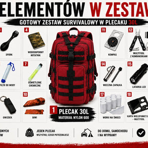 Warriorgear.eu Zestaw Survivalowy / Plecak Ewakuacyjny | Zgodny z Listą Ministerstwa | Plecak 30L Czerwony WarriorGear.eu
