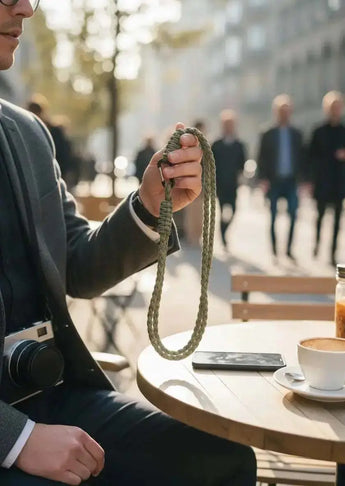 wytrzymały pasek paracord na szyję z karabińczykiem do aparatu i telefonu w zielonym kolorze