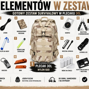 Plecak ewakuacyjny E-19 – gotowy zestaw awaryjny 30 L | Kamuflaż Piaskowy WarriorGear.eu